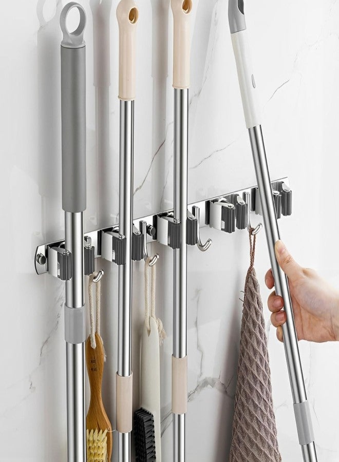 JD FRESH 1 Pcs Stainless Steel Mop and Broom Holder Wall Mount 5 Slot & 6 Hook Anti Slip Heavy Duty Waterproof Broom Hanger Stand Organizer Tool for Kitchen Home Garden Bathroom Garage (Silver) - Image 2